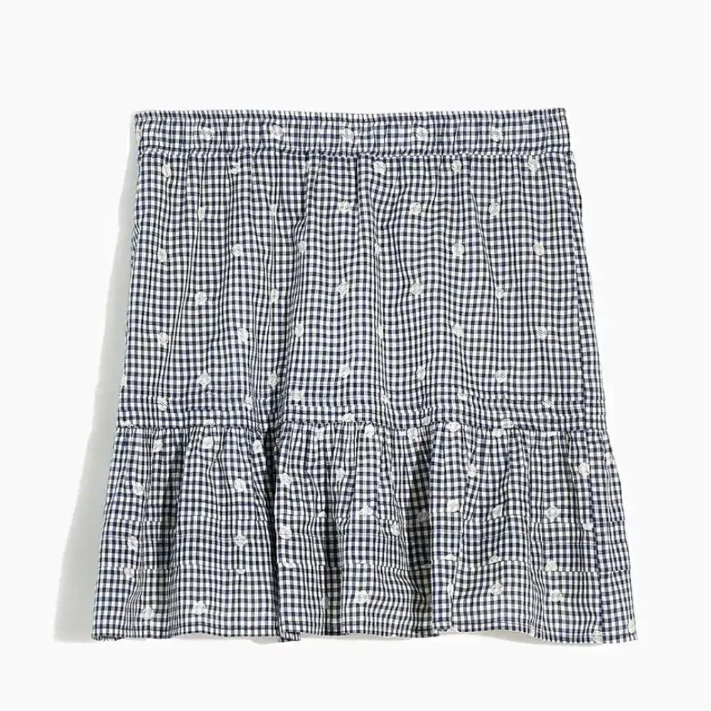 Madewell Embroidered Tiered Pull On Mini Skirt Blue Gingham Check ne699 L